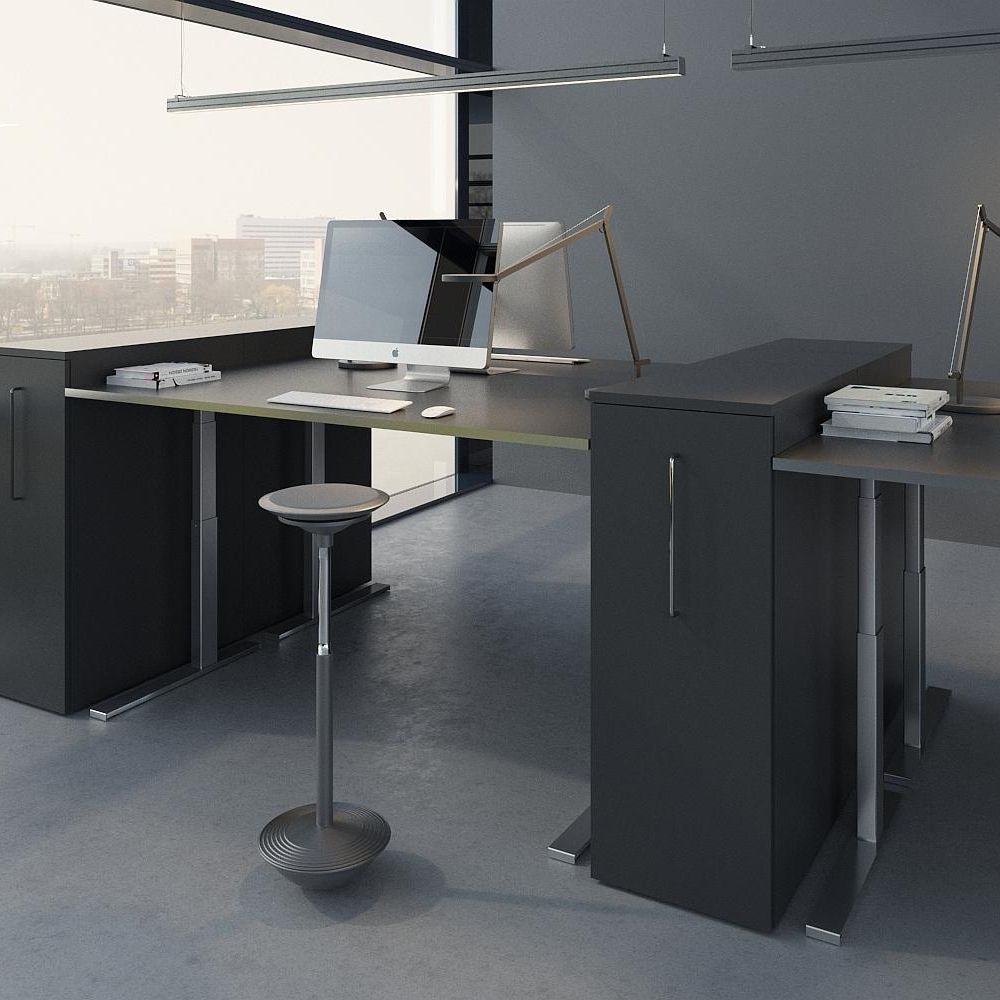 Full-height cabinet solution with height-adjustable desks