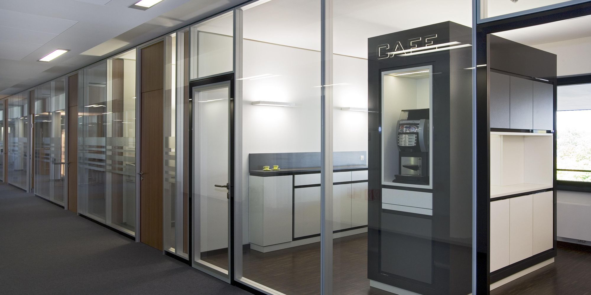 Flush-fit tube frame door with structural glazing in a T65 partition system